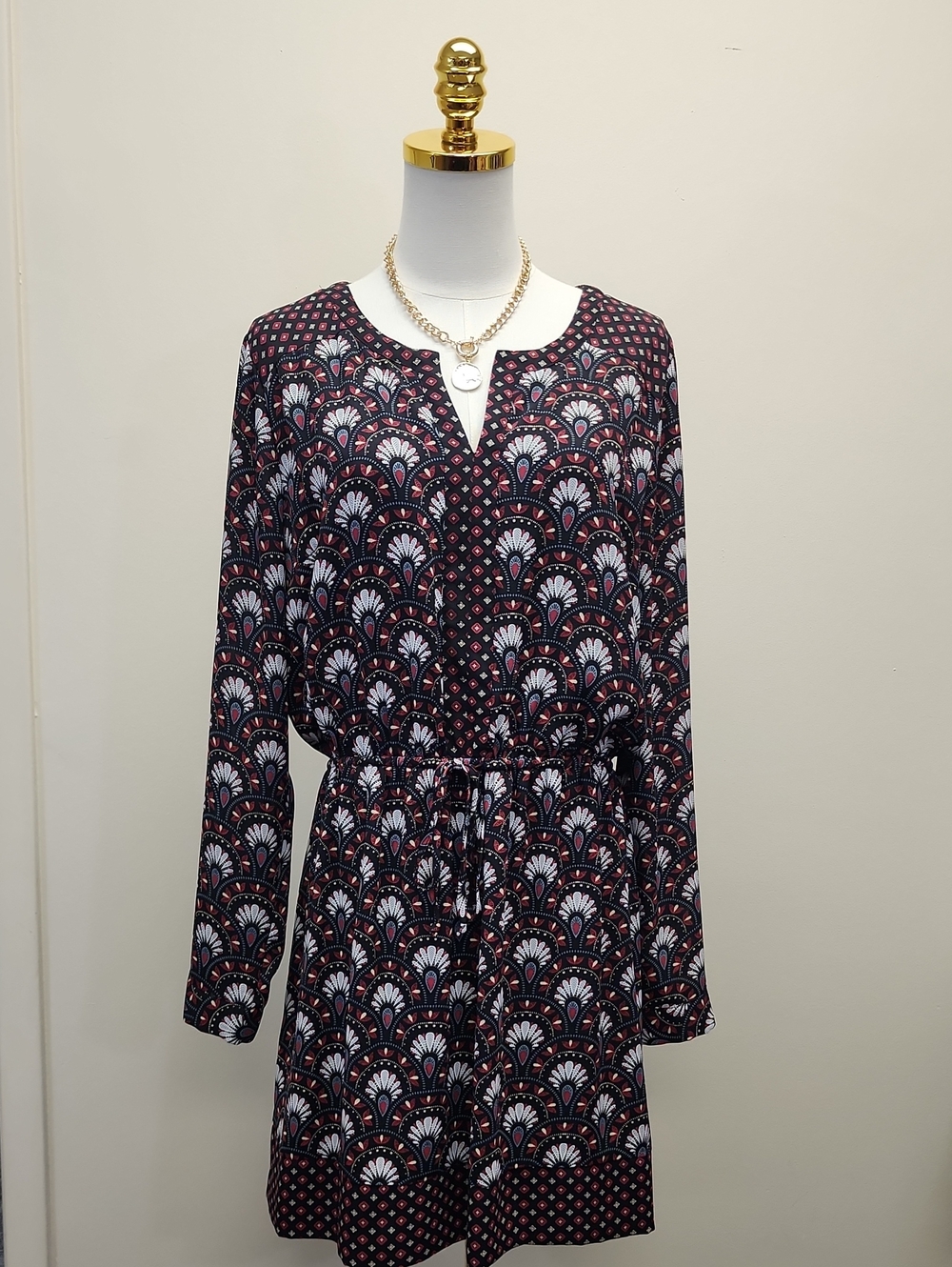 DR2 Navy Pink Print Long Sleeve Dress Size Large